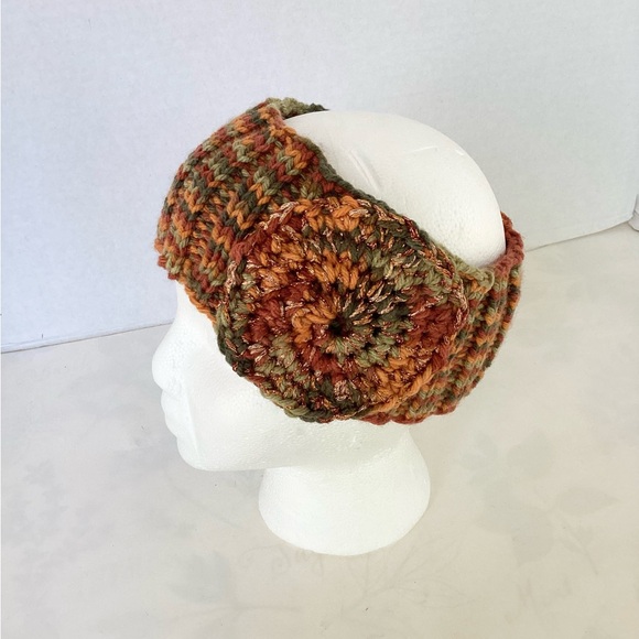 Headband Earwarmer Hand Crafted Multicolor Green Rust Bronze Orange Glitter Knit - Picture 7 of 15